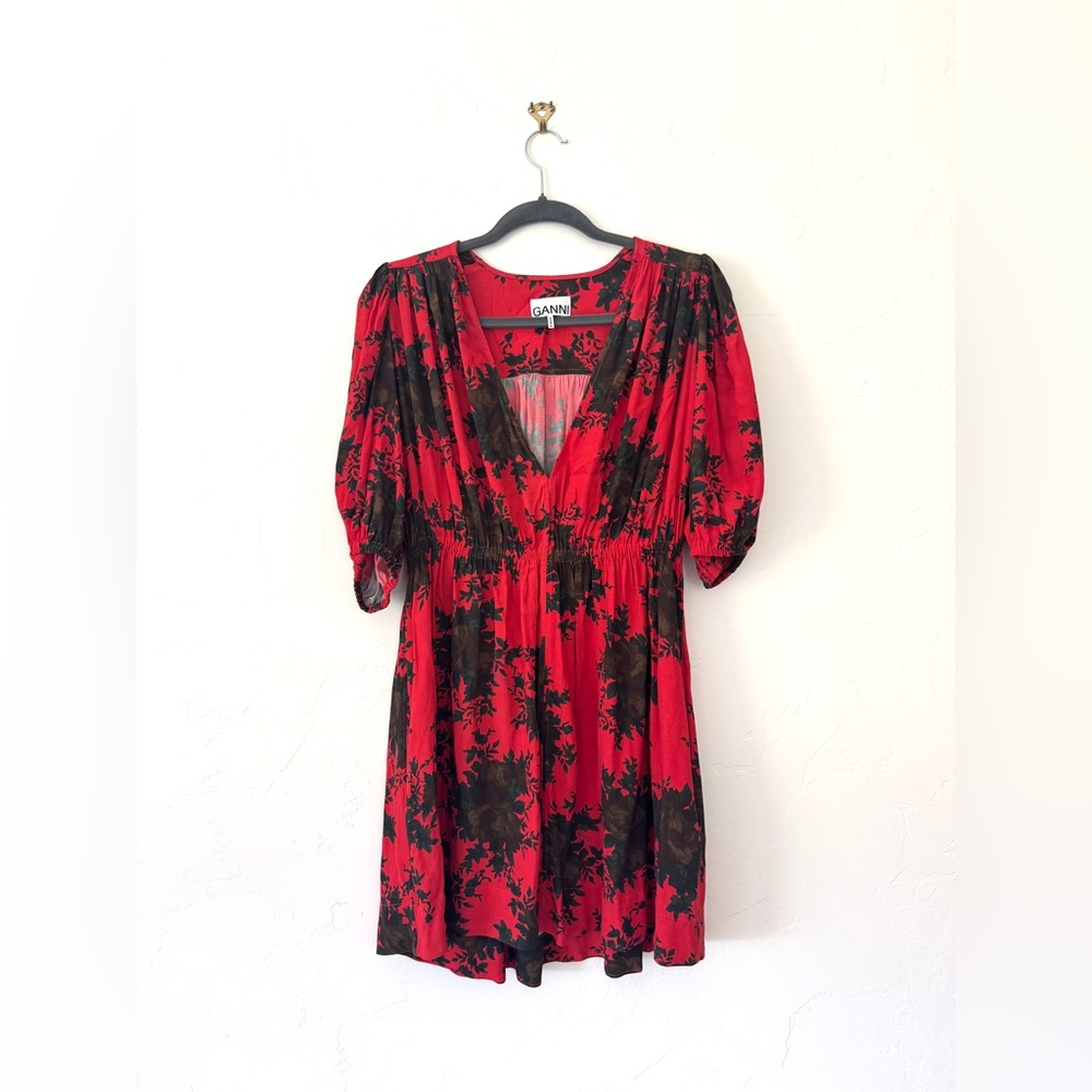 Ganni Floral Print Crepe Mini Dress in Red